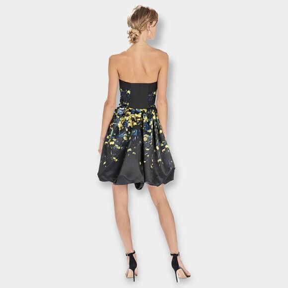 Parker Remi Black & Yellow Floral Satin Strapless Fit N Flare Cocktail Dress 2 - Picture 5 of 9